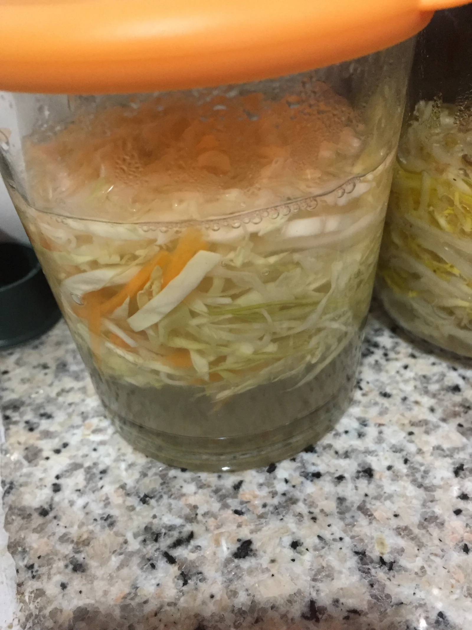 Bocal de légumes en cours de lacto-fermentation, chou fermenté maison probiotique