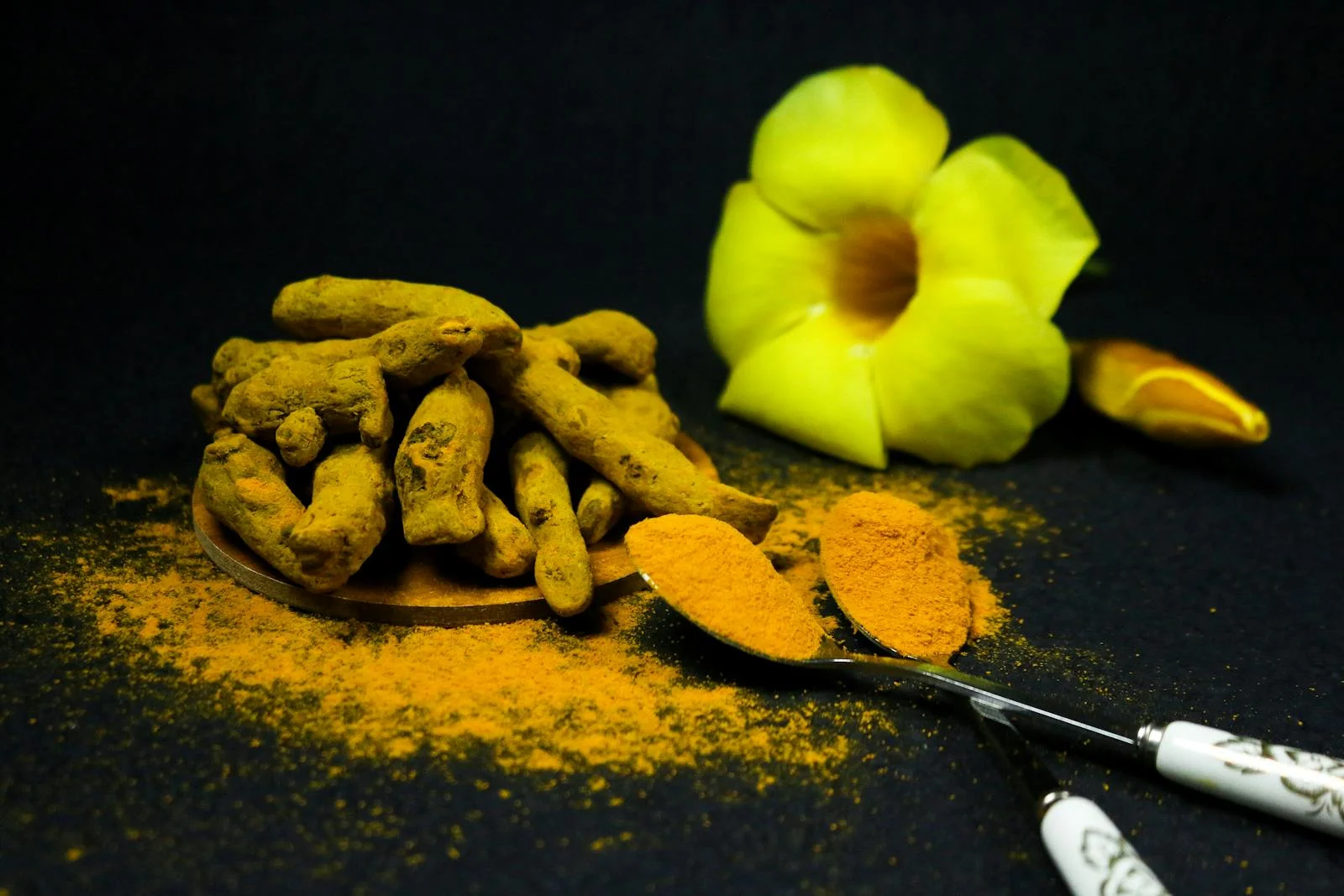 Poudre de curcuma dorée en complément alimentaire, riche en curcuminoïdes anti-inflammatoires